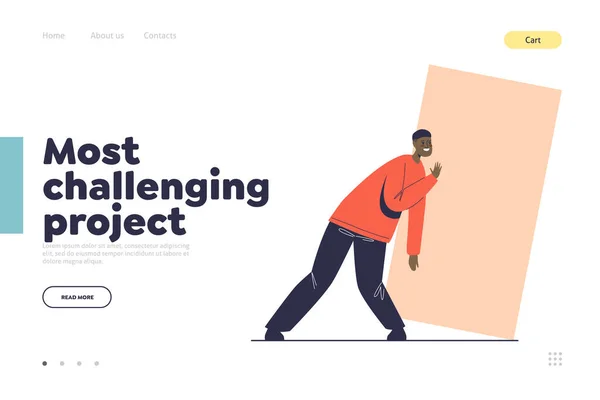 Most challenging projects concept of landing page with man pushing rectangle shape — Stock vektor