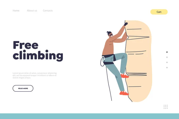 Free Climbing Konzept der Landing Page mit Mann klettern Fels, Wand oder Bergklippe — Stockvektor