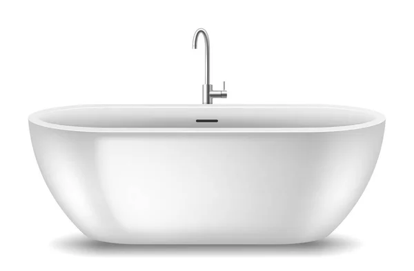 Realistico bagno bianco moderno con elemento rubinetto del bagno. Elegante vasca da bagno acrilica — Vettoriale Stock