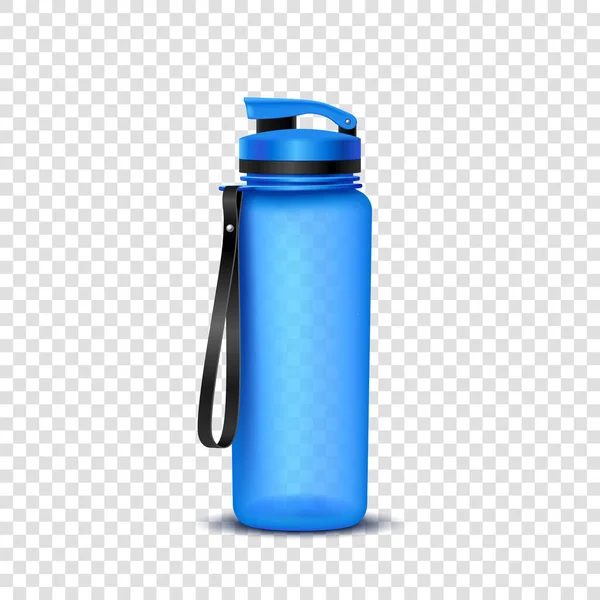 Botella deportiva con correa realista. Agua dulce contenedor de plástico 3d maqueta. Accesorio de atleta — Vector de stock