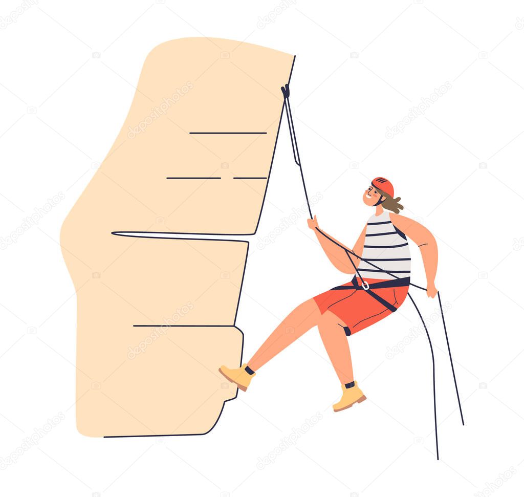 Active woman climbing rock hanging on belay ropes and wearing helmet