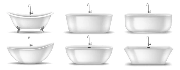 Set of realistic white bathtubs elements from bathroom interior with faucet. Modern ceramic tubs — 图库矢量图片