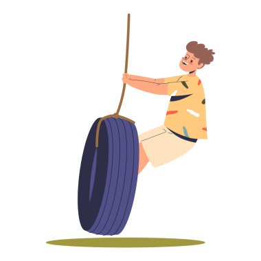 Cute boy kid riding tire swing. Happy little child on playground. Outdoor children leisure activity