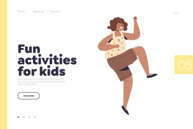 Fun activities for kids concept of landing page with cheerful girl happy jumping