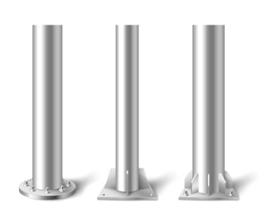 Metal poles. Steel construction pole, aluminum pipes and metal column. Metallic vertical pillars