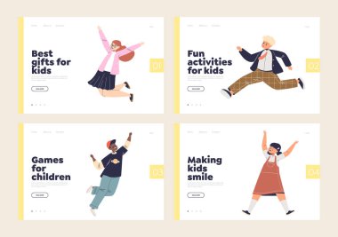 Gifts, funny activities and games for kids landing pages set with happy excited children jumping