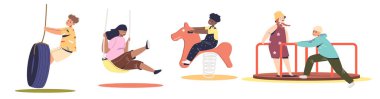 Set of kids playing on playground swings, swinging on tire wheel, merry-go-round and toy horse