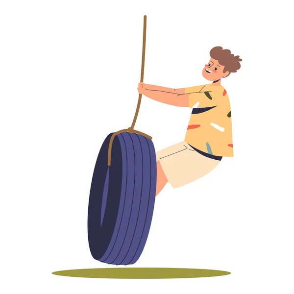 Cute boy kid riding tire swing. Happy little child on playground. Outdoor children leisure activity — Stock Vector