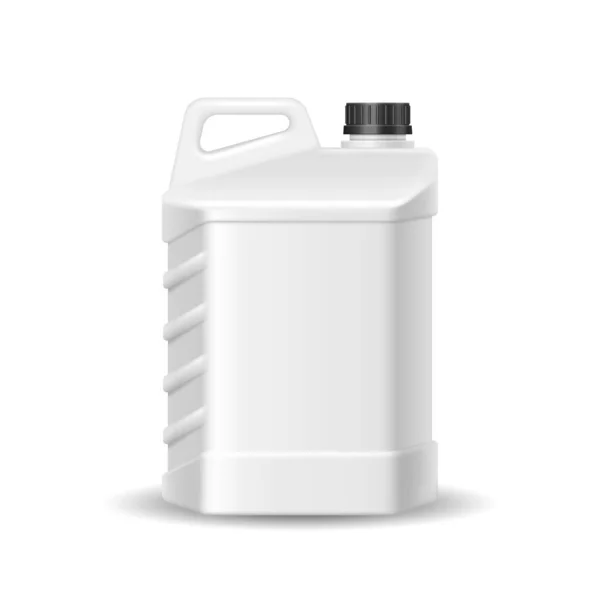 White plastic canister with blank label, realistic mockup. Jug container with handle and screw cap — Vetor de Stock