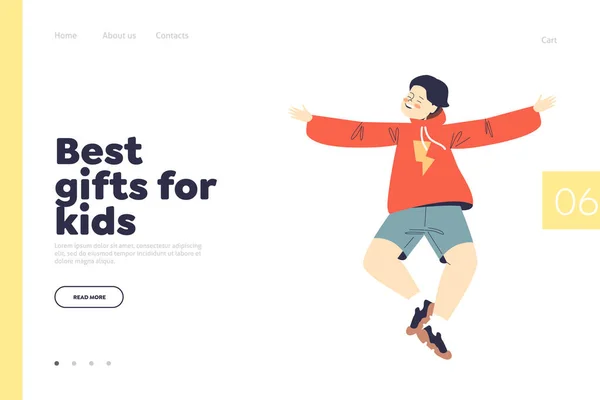 Perfect present for kid concept of landing page with little boy kid cheerful jumping or dancing — стоковый вектор