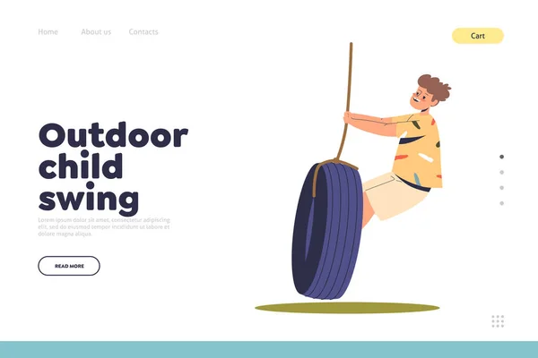 Outdoor child swing concept of landing page with cute boy kid riding tire swing — 스톡 벡터