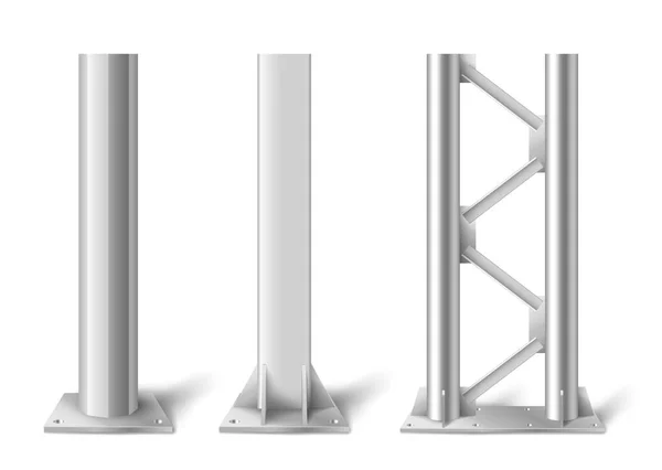 Realistic metal poles. Silver metal vertical pillars, glossy aluminum construction — Vetor de Stock