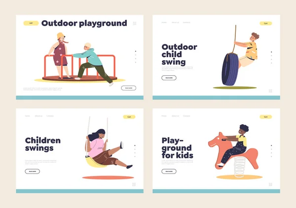 Niños en columpios en el patio de recreo concepto de páginas de aterrizaje conjunto con niños jugando en carrusel — Archivo Imágenes Vectoriales