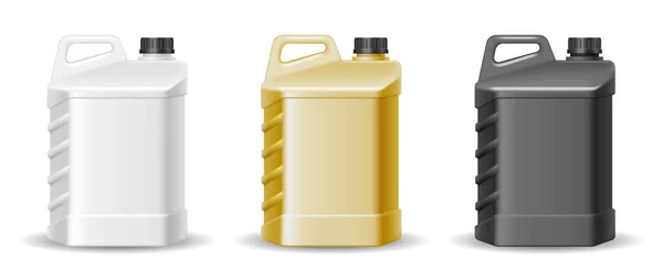 Set of plastic canister with blank label. Package bottle containers with handle and screw cap of oil — Image vectorielle