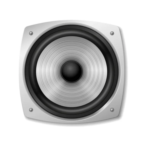 Icono de altavoz de sonido realista. Equipo electrónico moderno para escuchar música de volumen acústico — Vector de stock