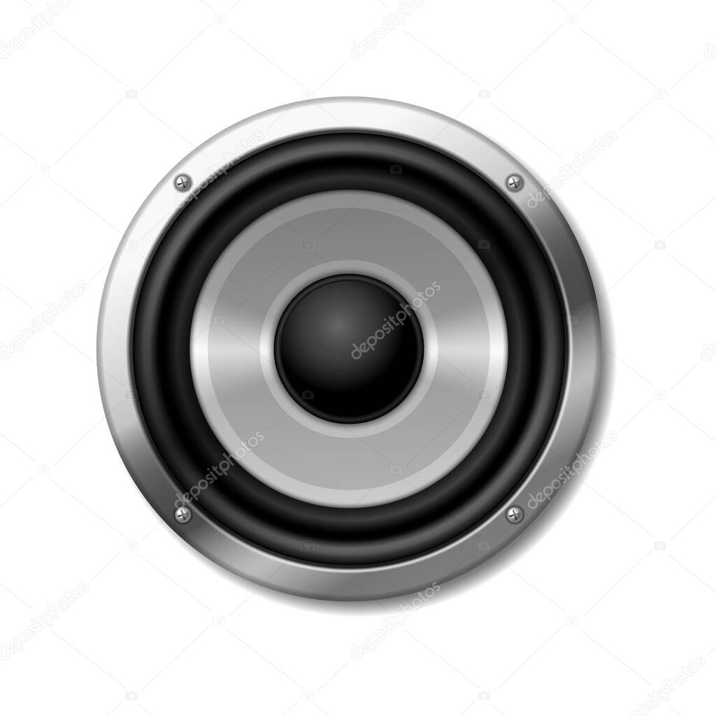 Sound speaker icon, stereo audio music system logo. Sound system subwoofer or driver realistic isolated on white background. 3d vector illustration