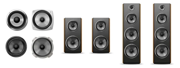 Set of different sound speakers, subwoofer, acoustic audio for concert or home cinema stereo system — Stock vektor