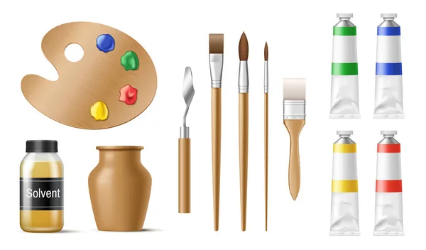 Set de herramientas para pintor con pinceles, pintura acrílica en tubos, paleta, cuchillo de paleta y pincel — Vector de stock