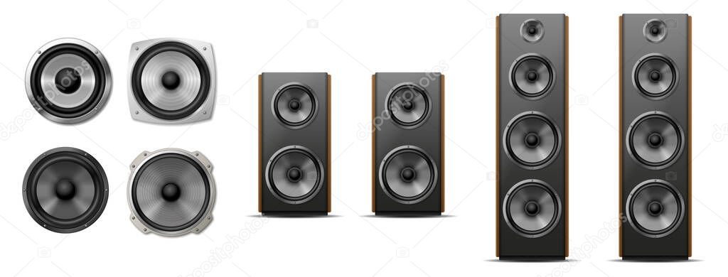 Set of different sound speakers, subwoofer icons, acoustic audio systems for concert or party equipment, home cinema stereo system. Realistic 3d vector illustration