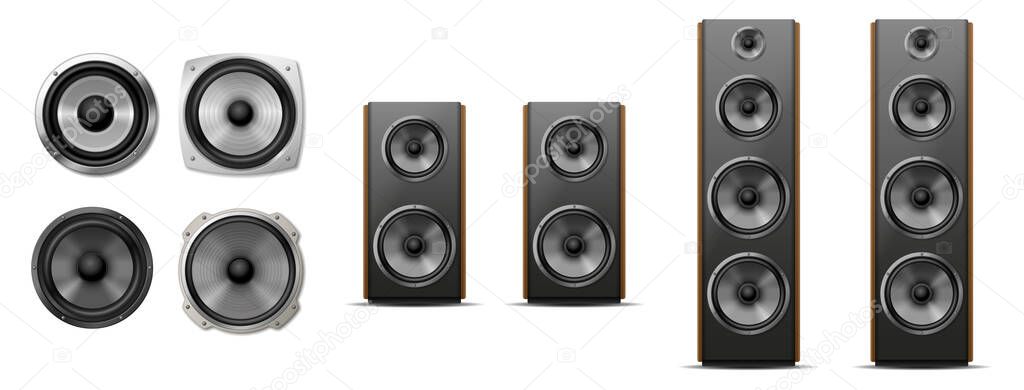 Set of different sound speakers, subwoofer, acoustic audio for concert or home cinema stereo system