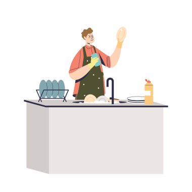 Man washing dishes at home. Young male cleaning house busy with housekeeping chores