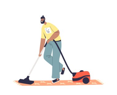 Man do vacuum cleaning clean floor at home. Young male washing house busy with housekeeping chores