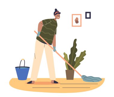 Woman mopping floor. Young female housekeeper cleaning house. Household activities