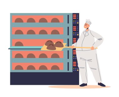 Male baker putting raw bread to industrial oven. Man working on bread and baking pastries production