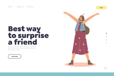 Best way to surprise friend concept of landing page with cheerful girl at holiday party