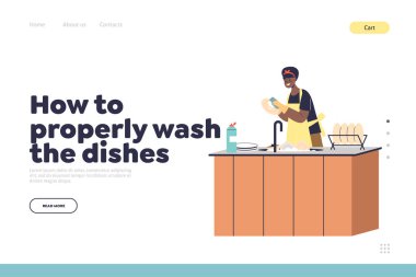 How to wash dishes properly concept of landing page with woman washing dishes in kitchen sink