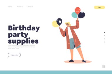 Birthday party supplies landing page with boy holding air balloons. Man at holiday event party