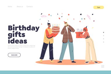 Birthday gift ideas concept of landing page with friends greeting man with cake, gift and present