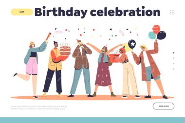 Birthday celebration concept of landing page with group of people congratulating man at party event