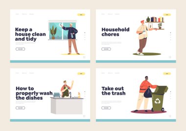 Men cleaning house working on household chores activities landing page set with male washing at home