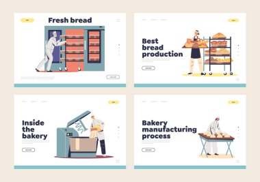 Bread production manufacturing and bakery industry landing pages with bakers working with dough