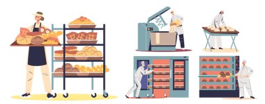 Bakery industry and bread production. People bakers work with pastry, dough and industrial equipment