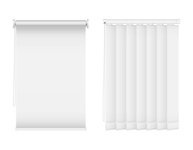 Set of vertical blinds for window, element interior. Realistic shutters. White louver for office