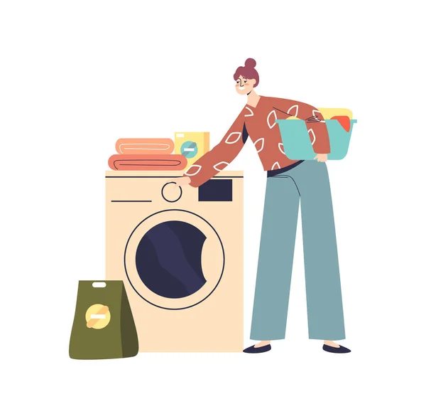 Woman loading wash machine to clean clothes. Young female housekeeper. Household activities — 图库矢量图片