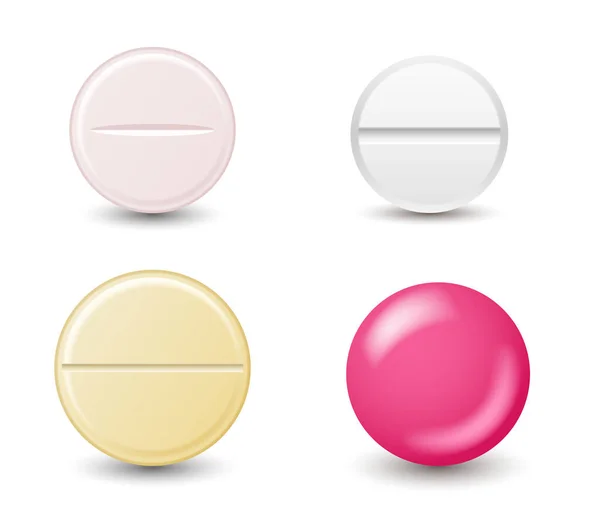Ρεαλιστικό λευκό ιατρικό χάπι ή δισκία. Ένα σετ φαρμάκων για τα χάπια. Ιατρική και υγειονομική περίθαλψη — Διανυσματικό Αρχείο