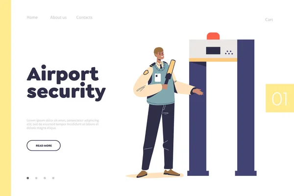 Airport security landing page with checkpoint worker hold scanner to scan at metal detector gate — Stock Vector