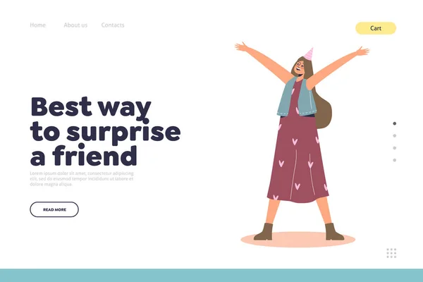 Best way to surprise friend concept of landing page with cheerful girl at holiday party — 스톡 벡터