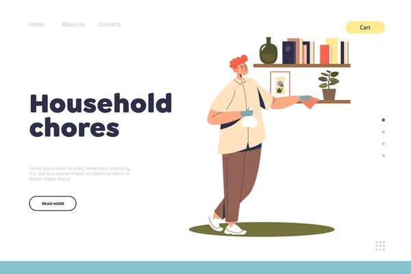 Household chores concept of landing page with man wiping dust at home. Housekeeping activities — Stock vektor