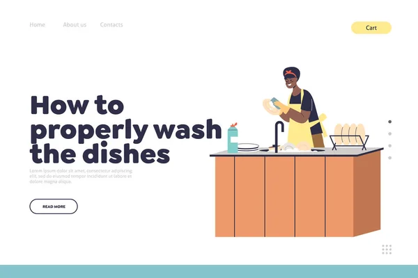 How to wash dishes properly concept of landing page with woman washing dishes in kitchen sink — стоковый вектор