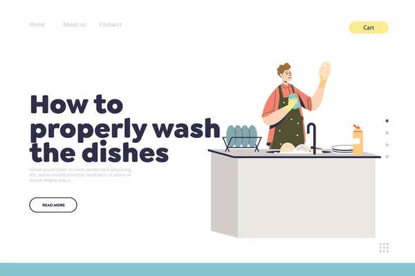 Properly wash dishes concept of landing page with male cleaning house busy with housekeeping chores — Stock Vector