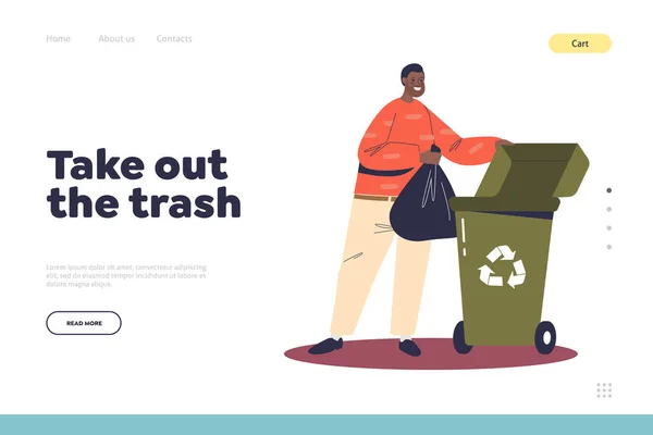 Take out trash concept of landing page with man throwing away waste from home — 图库矢量图片
