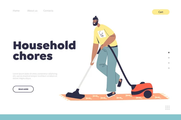 Household chores concept of landing page with man do vacuum cleaning floor at home — Stock Vector