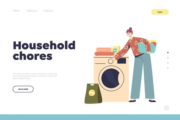 Household chores concept of landing page with woman loading wash machine to clean clothes — Vettoriale Stock