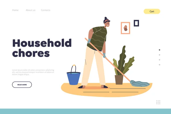 Household chores concept of landing page with woman mopping floor. Young housekeeper cleaning house — Vetor de Stock