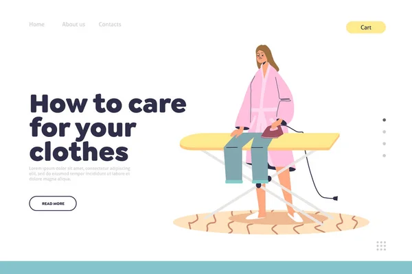 Care for clothes concept of landing page with woman ironing laundry after wash — Vector de stock
