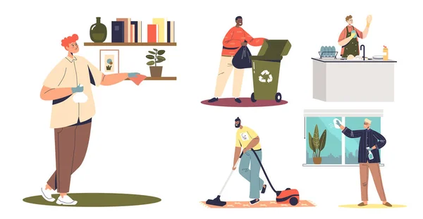 Men cleaning house working on household chores activities. Housekeeping concept — Stock Vector